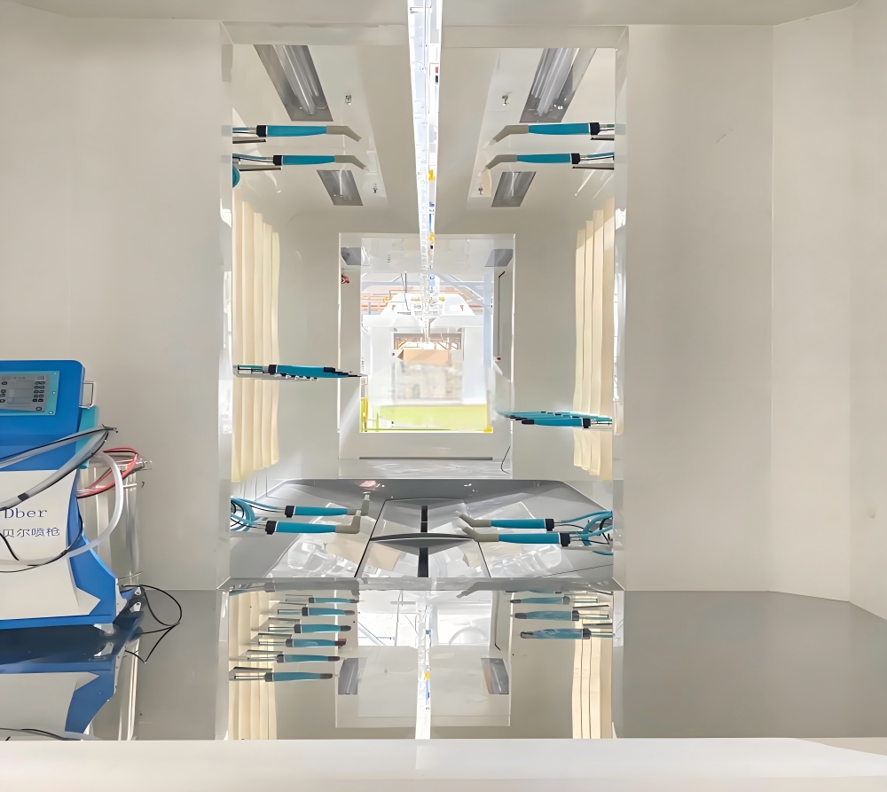 自动喷粉房可搭配升降往复机、机器人系统-he automatic powder spray booth can be equipped with lifting reciprocators and robotic systems.